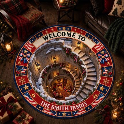 Personalized Christmas Doormat Patriotic Welcome Holiday Round Rug