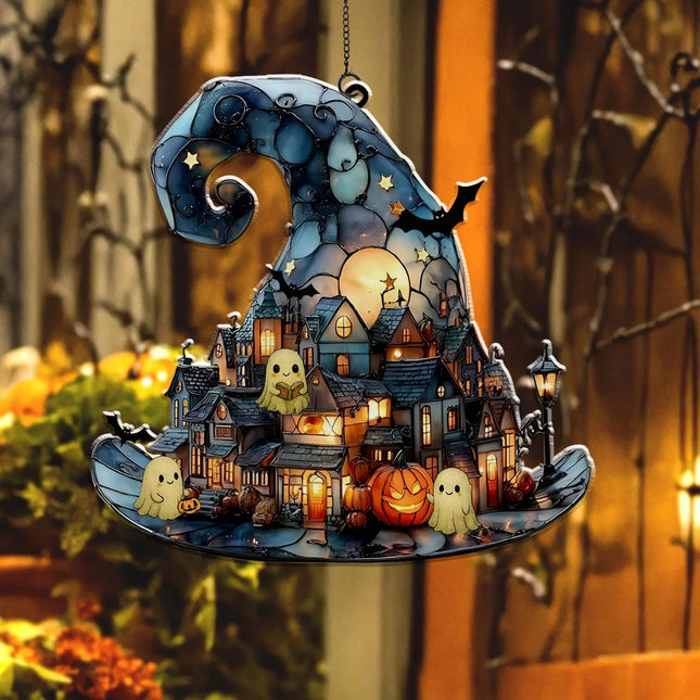 Witch Hat Village Acrylic Suncatcher, Halloween Town Faux Stained Glass Window Hanging,Spooky Home Decor For Halloween,Cute Ghost Suncatcher - Charming Present