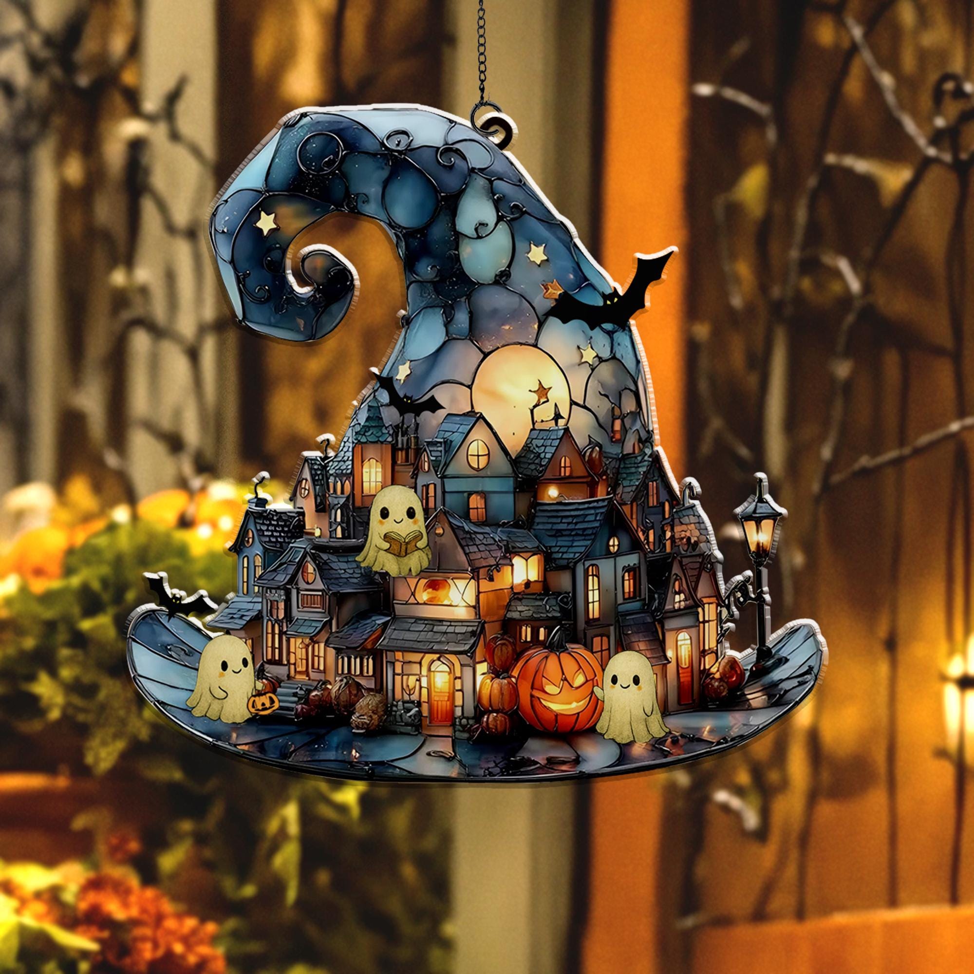 Witch Hat Village Acrylic Suncatcher, Halloween Town Faux Stained Glass Window Hanging,Spooky Home Decor For Halloween,Cute Ghost Suncatcher