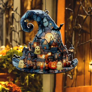 Witch Hat Village Acrylic Suncatcher, Halloween Town Faux Stained Glass Window Hanging,Spooky Home Decor For Halloween,Cute Ghost Suncatcher