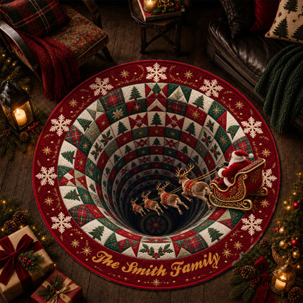 Personalized Christmas Santa Sleigh Doormat Holiday Quilt Round Rug