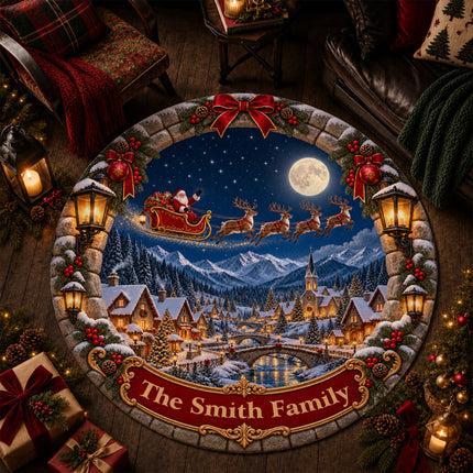 Personalized Santa Sleigh Christmas Round Doormat Snowy Village Family Name Rug