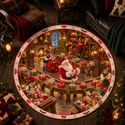 Christmas Gift Wrapping Round Rug Santa Workshop Doormat