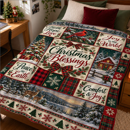 Christmas Blessings Fleece Blanket Faith Hope Love Holiday Patchwork
