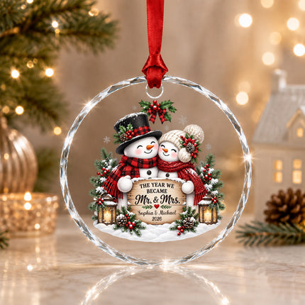 Personalized Newlywed Snowman First Christmas Glass Ornament
