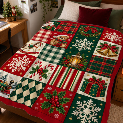 Christmas Patchwork Fleece Blanket Vintage Santa Teddy Bear Plaid Holiday Throw