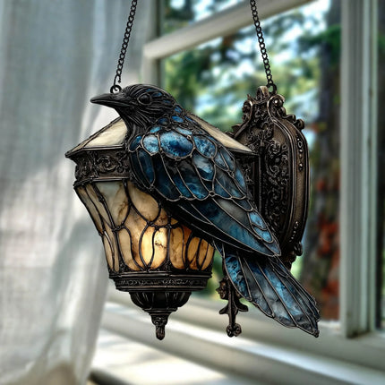 Raven Gothic on Lantern 2D Acrylic Suncatcher – Faux Stained Glass Halloween Crow on Lamp, Halloween Decor for Dark Academia Home - Charming Present
