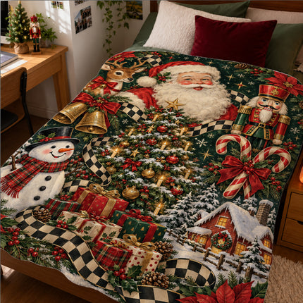 Vintage Santa Christmas Fleece Blanket Nutcracker Reindeer Snowman