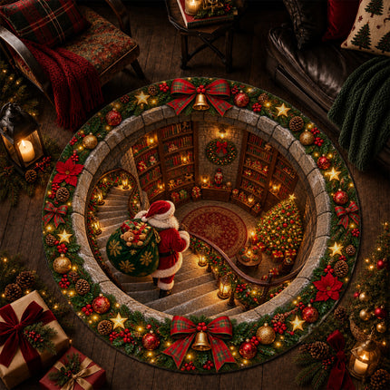 Christmas Round Doormat with Santa Library Scene