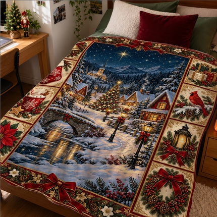Christmas Fleece Blanket with Snowy Village Scene
