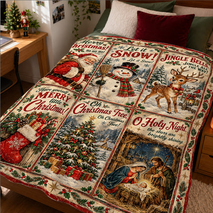 Christmas Nativity Fleece Blanket Vintage Santa Snowman Holiday Scenes