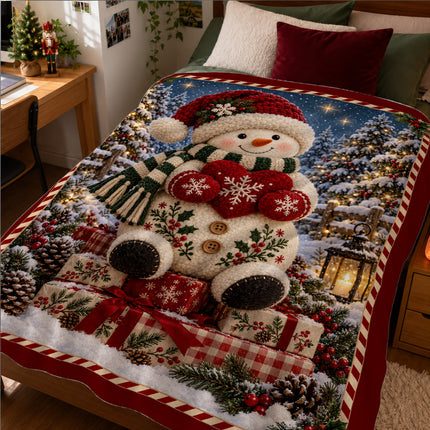 Christmas Fleece Blanket with Cozy Snowman Heart