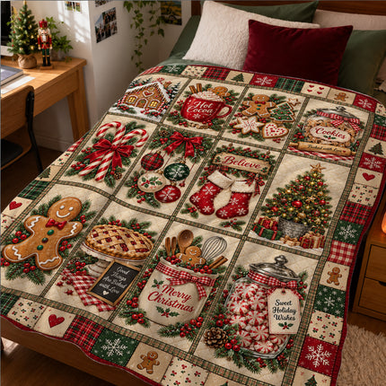 Christmas Gingerbread Patchwork Fleece Blanket Cozy Cocoa and Cookies