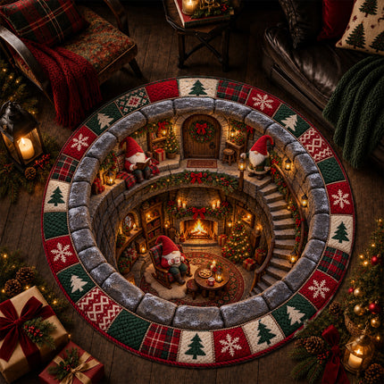 Christmas Round Doormat with Cozy Gnome Fireplace