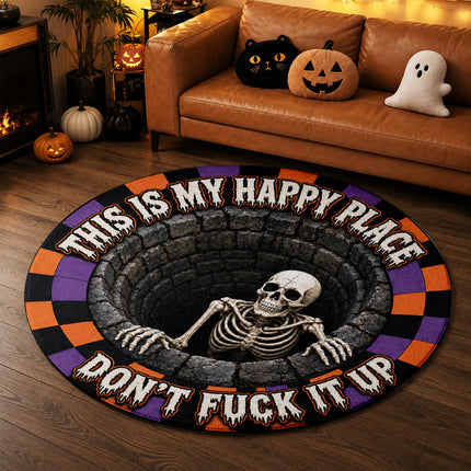 Halloween Round Rug Skeleton Happy Place Funny Doormat