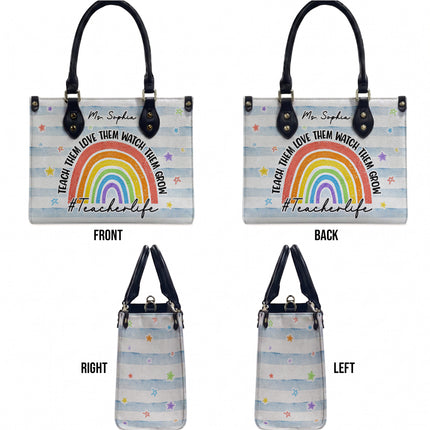 Personalized Teacher Leather Handbag Rainbow Watch Them Grow
