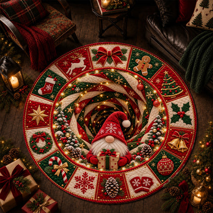 Christmas Round Doormat with Holiday Gnome Patchwork