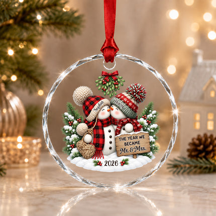 Personalized Snowman Couple First Christmas Together Glass Ornament