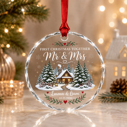 Personalized First Christmas Together Snowy Cabin Couple Glass Ornament