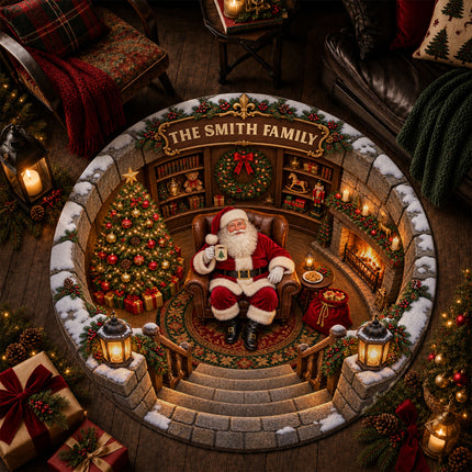 Personalized Santa Christmas Round Doormat Cozy Fireplace Family Name Rug