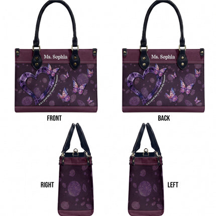 Personalized Teacher Leather Handbag Purple Gemstone Heart