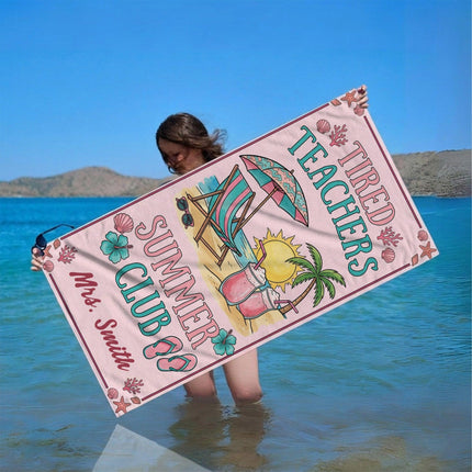 Personalized Pink Teacher Beach Towel Tired Teachers Summer Club