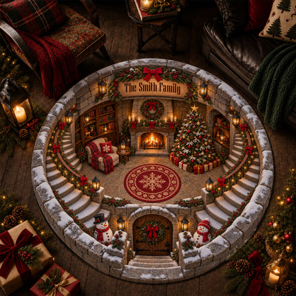 Personalized Christmas Round Doormat Cozy Fireplace Snowman Family Name Rug
