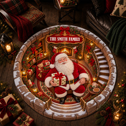Personalized Santa Christmas Round Doormat Cozy Fireplace Family Name Rug