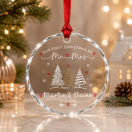 Personalized First Christmas Together Line Art Christmas Trees Couple Glass Ornament