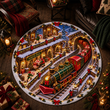 North Pole Christmas Train Round Rug Holiday Gift Express Doormat
