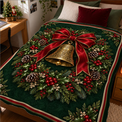 Christmas Fleece Blanket with Vintage Bell Wreath