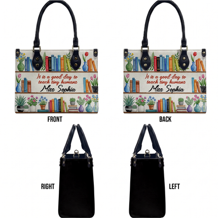 Personalized Teacher Leather Handbag Bookshelf Plants Tiny Humans