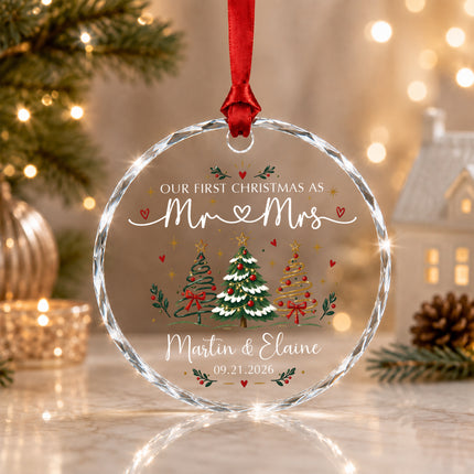 Personalized First Christmas Couple Glass Ornament with Christmas Trees and Hearts