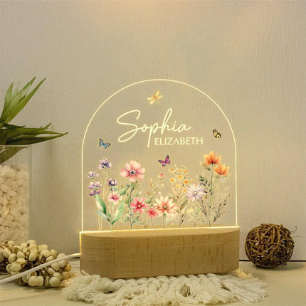 Custom Floral Butterfly Name Acrylic Night Light, Birthday Gift for Her - Charming Present