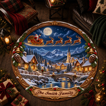 Personalized Christmas Village Round Doormat Santa Sleigh Moonlit Family Name Rug