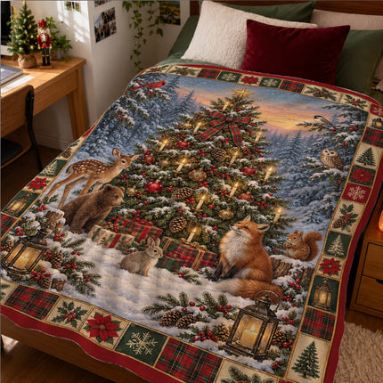 Woodland Animals Christmas Fleece Blanket Candlelit Winter Forest