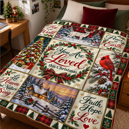 Christian Christmas Fleece Blanket You Are Loved Holiday Patchwork