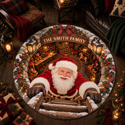 Personalized Santa Workshop Christmas Round Doormat Cozy Family Welcome Rug