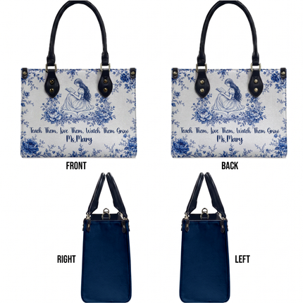 Personalized Teacher Leather Handbag Blue Floral Vintage Reading
