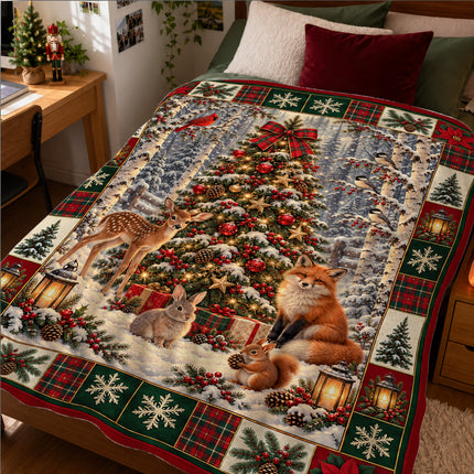 Woodland Christmas Fleece Blanket Forest Animals Deer Fox Rabbit Snowy Tree Holiday Throw