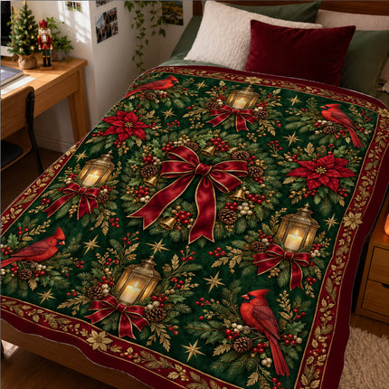 Christmas Fleece Blanket with Cardinal Lantern Wreath