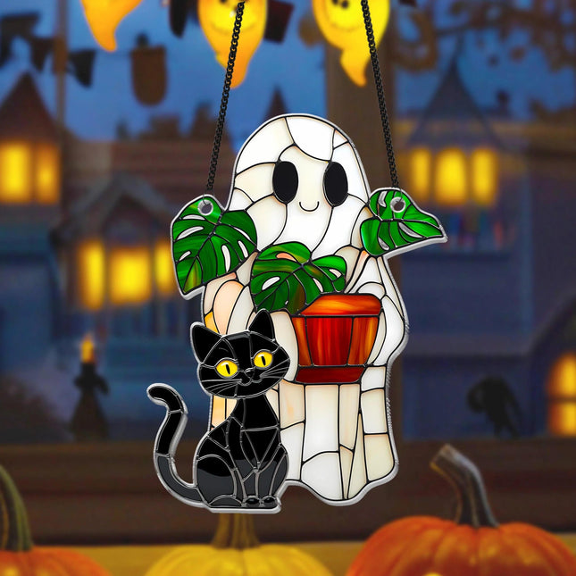 Cute Ghost Plant And Cat ACRYLIC Suncatcher,Ghost Monstra Window Hanging,Hangings Plant Lover Gift,Black Cat Lover,Mom Gift,Halloween Decor - Charming Present