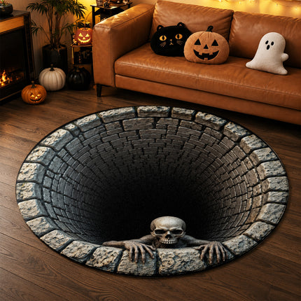 Halloween Round Rug Skull Haunted Well 3D Illusion Doormat