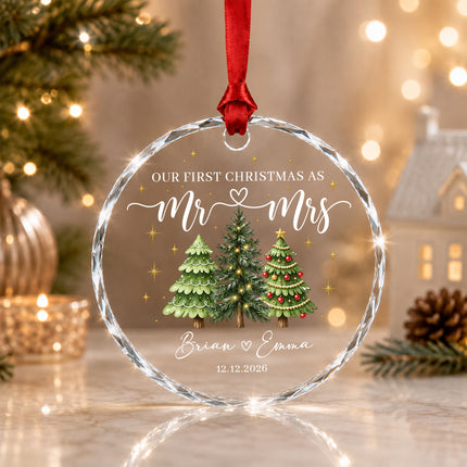 Personalized First Christmas Together Three Festive Trees Couple Glass Ornament