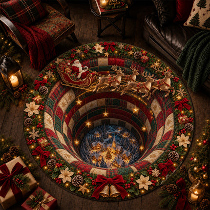 Christmas Round Doormat with Santa Reindeer Village