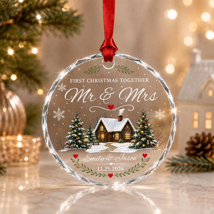 Personalized First Christmas Together Snowy Cabin Couple Glass Ornament