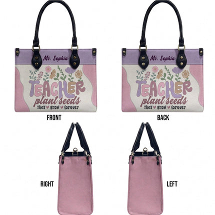 Personalized Teacher Leather Handbag Plant Seeds Floral