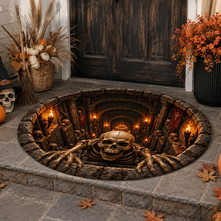 Halloween Skeleton Dungeon Round Rug 3D Skull Horror Doormat