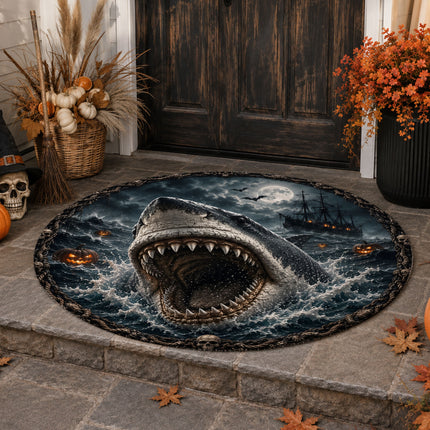 Halloween Shark Round Rug Haunted Ocean Pirate Ship Doormat
