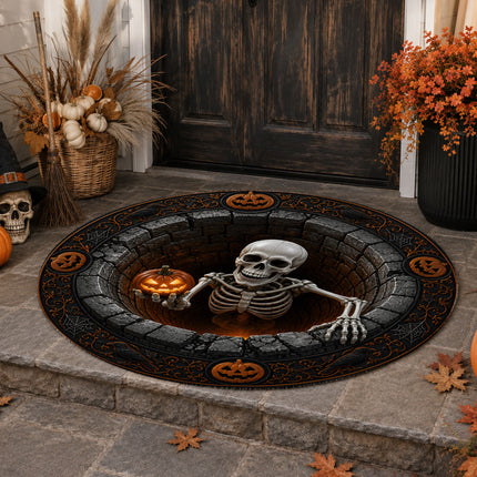 Halloween Round Rug Skeleton Pumpkin 3D Illusion Doormat